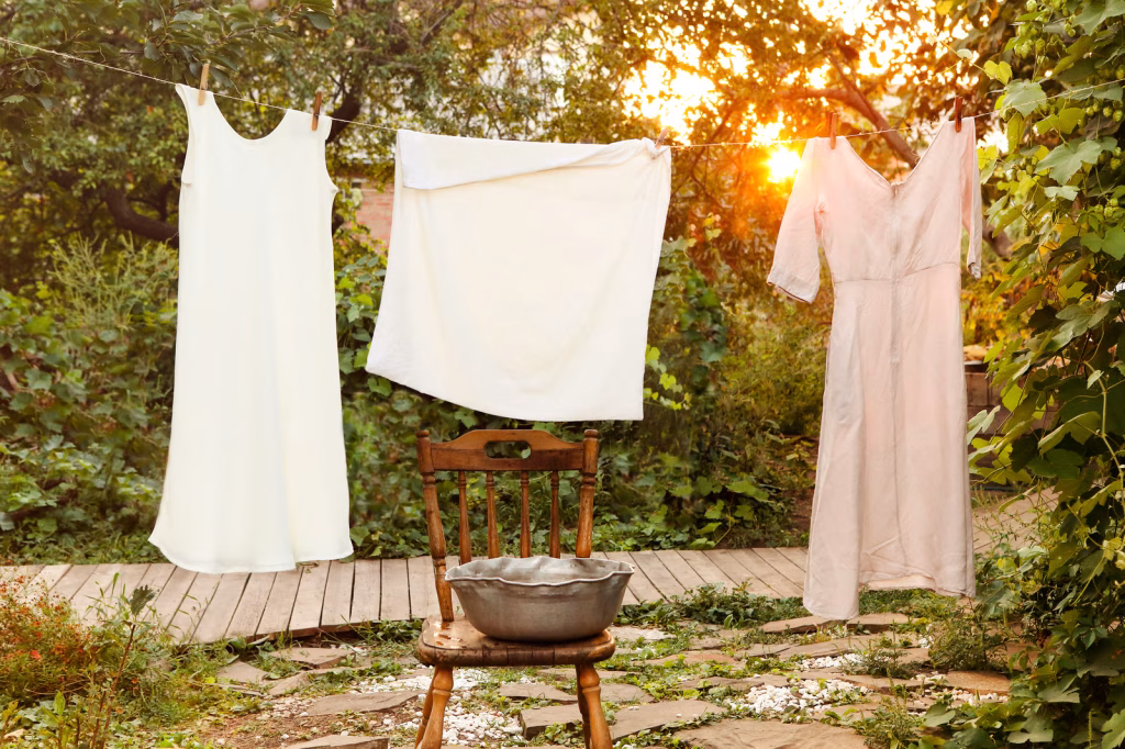 Ropa blanca secándose al aire libre como parte de un proceso de lavado ecológico y sostenible